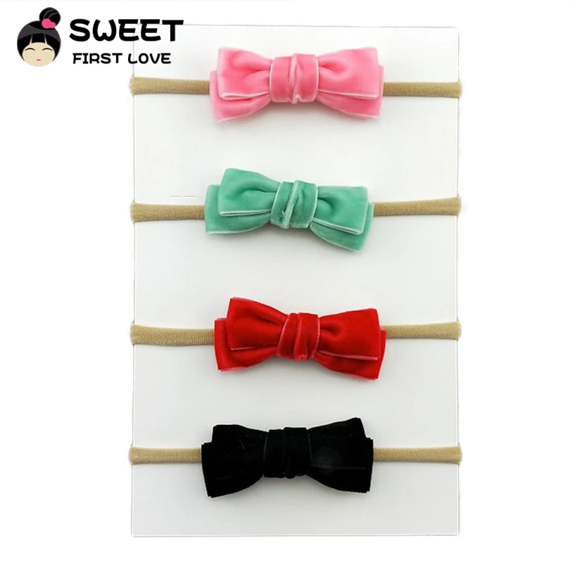 

1PC 2018 New Nylon Headband with Cute Velvet Kids Hair Bows Solid Mini Bow for Headband Headwear Lovely Hairbands for girls gift