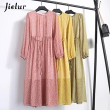 Jielur Japão Estilo de Manga Comprida Vestido de Chiffon Loose Women Lace-up Vestidos Longos Outono Chic Elegante Senhora Vestidos Feminino s-XL