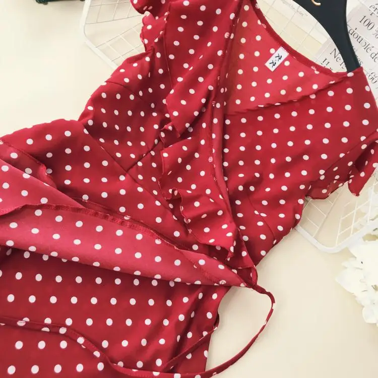 

Women Polka Dot Ruffled Trim Summer Chiffon Dress Cross Lacing Up V-collar Ladies Chic Frisk Vestidos