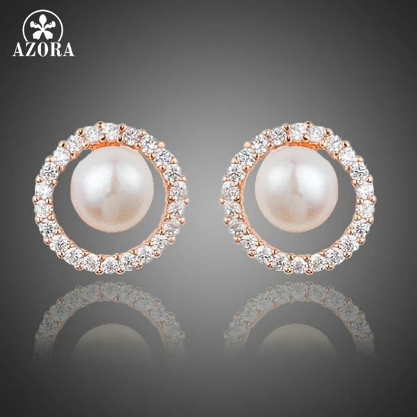 

AZORA Noble Shaped Imitation Pearl Stud Earrings Serround One Row Rose Gold Color Jewelry TE0212