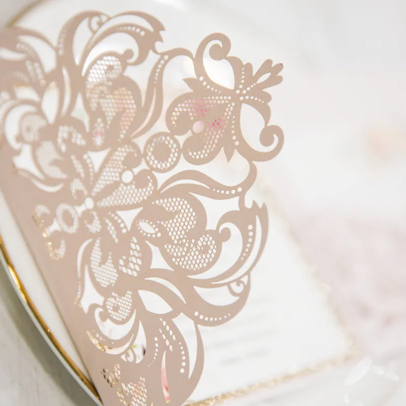 Романтические Румяна Розовый весенний цветок Блестящий лазерная резка карманные свадебные приглашения наборы