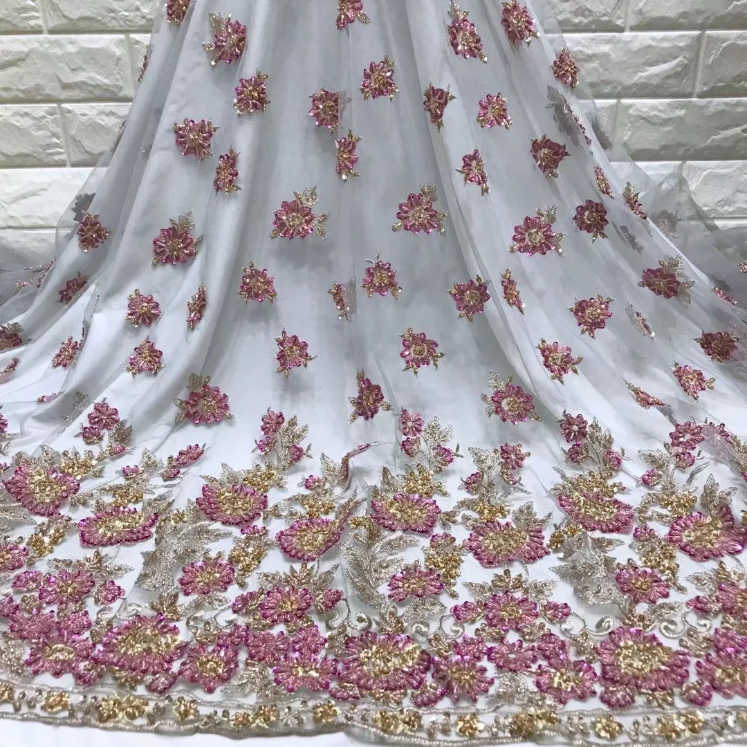 

Beautifical african lace fabrics Fashion Handmade beaded embroidery net lace fabric for dress 5yards nigerian tulle lace ML5N566