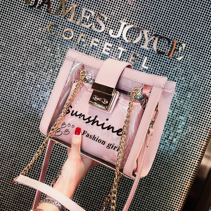 2019 جديد الصيف حقائب شفافة حقيبة من الجيلاتين الشاطئ سفر المرأة حقيبة سلسلة حمل الكتف Crossbody حقيبة الحلو فتاة حقيبة ساعي