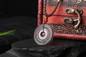 

Koraba Fine Jewelry Chinese Natural Ice Black Obsidian Hand-Carved Glossy Peace Buckle Shape Pendant Free Shipping