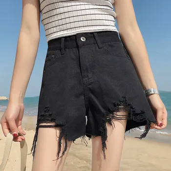 

Women's jeans 2019 New Modis Korean version of the High waist Loose Raw Edge Hot pants Color: White Black Dark blue Light blue
