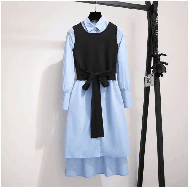 Весенне-осенний Элегантный женский комплект 2 шт. Вязанный жилет с оборками+ однобортная Асимметричная рубашка, платье, костюм, плиссированное платье с бантом, комплект J149