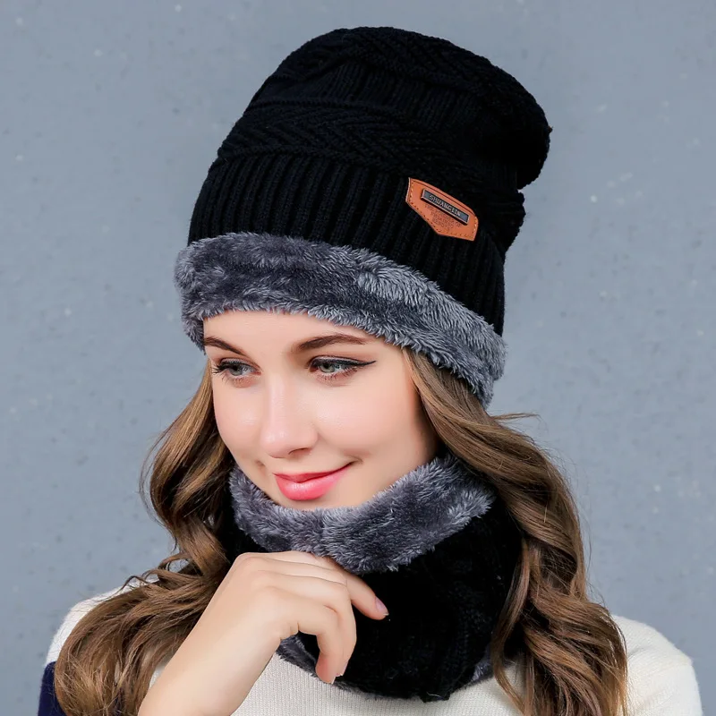 

2017 Winter New Male Ladies Knitting Wool Cap Sleeve Head Warm Winter with A Full Set of Outdoor Velvet Hat Scarf Hat for Adult