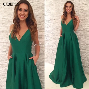 

Green Black Prom Dresses 2019 Pockets Simple V-Neck Spaghetti Sexy Ball Formal Party Gown vestidos de fiesta largos elegantes