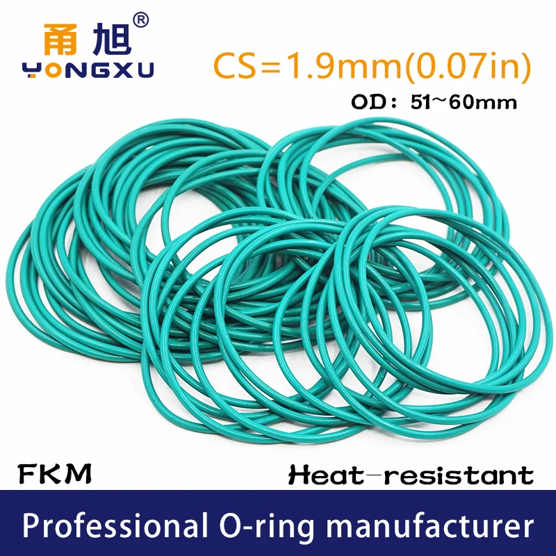 Зеленые фторрезиновые уплотнительные кольца FKM CS1.9mm OD51/52/53/54/55/56/57/58/59/60*1 9 мм