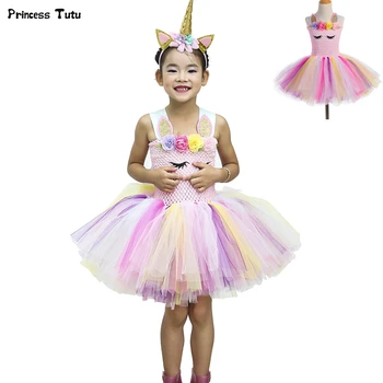 

Pink Pastel Unicorn Girls Tutu Dress Kids Halloween Costume Fancy Princess Flower Girl Birthday Party Dress Children Clothes