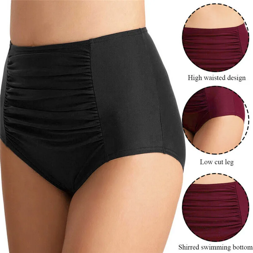 2019 New Summer Women Casual Simple High Waist Ruched Bikini Solid Bottoms Tummy Control Swimsuit Briefs Pants #E01 (1)