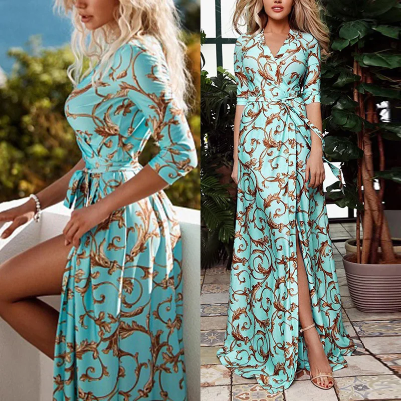

Green Dress Summer Women Bohemian Retro Printed Half Sleeve V-neck Beach Belt Split A-line Boho Maxi Long Dress
