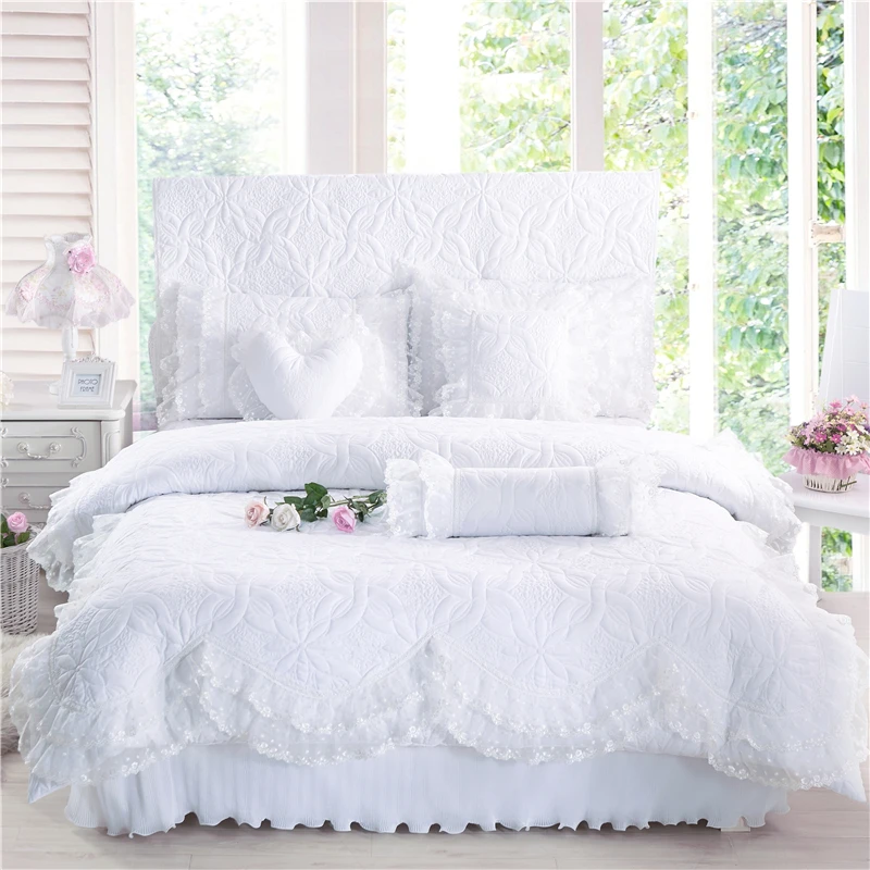 Best 100%Cotton Thick Quilted lace Bedding set 4 7Pcs King queen Twin size Princess Korean Girls Bed skirt set Pillow shams 30