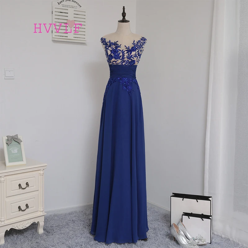 

HVVLF 2019 Cheap Bridesmaid Dresses Under 50 A-line Cap Sleeves Royal Blue Chiffon Embroidery Wedding Party Dresses
