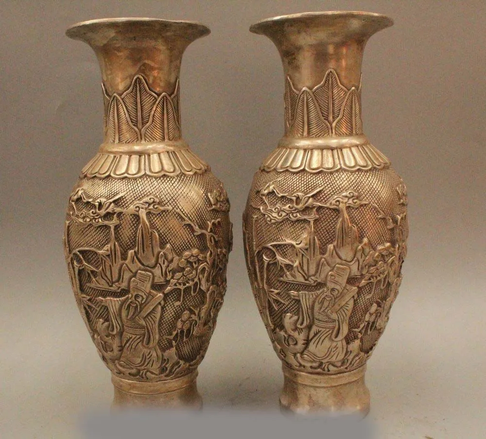 

10" Marked China Chinese Dynasty Palace Silver Fu Lu Shou Statue Vase Pot Pair