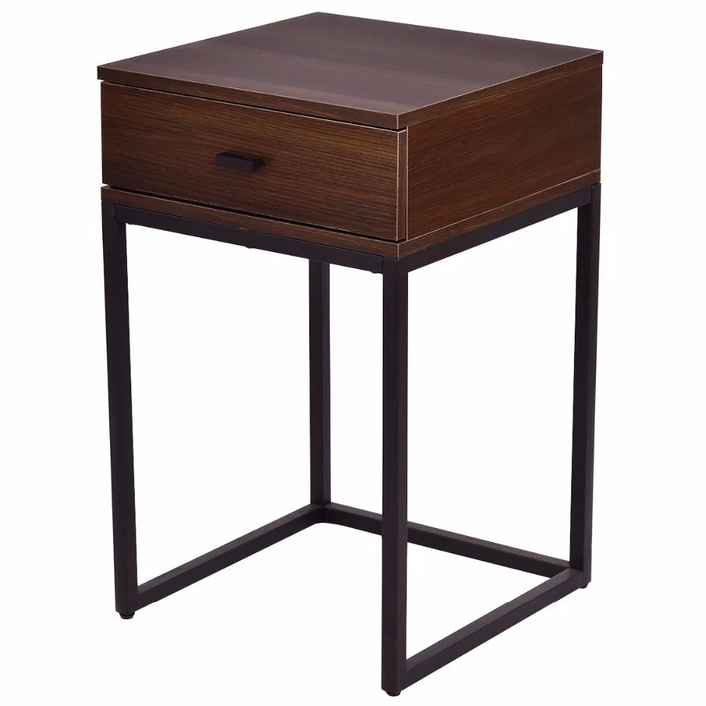 Goplus 2PCS Set Nesting Modern Coffee Side Table Wood Portable End Table Metal Frame Glass Top Coffee Tables with Drawer HW56083