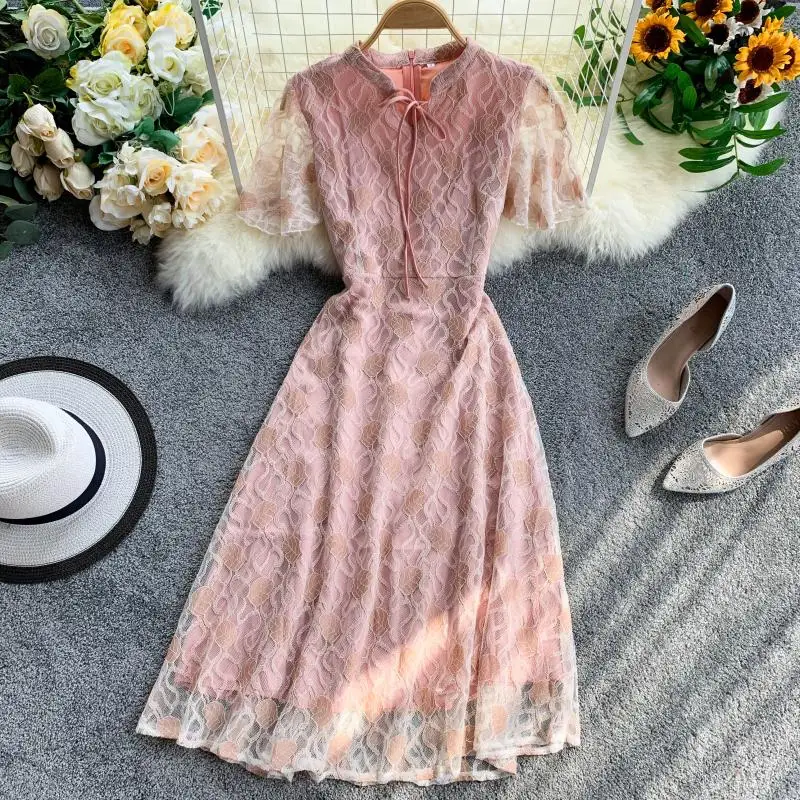 

Retro Hepburn Style Pink Lace Dress Women 2019 New Elegant Stand Collar Sleeves Waist Middle Long Slim Casual Dress Summer