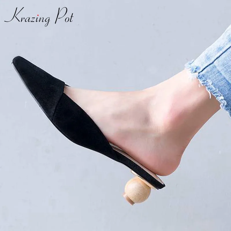 

Krazing Pot kid suede strange style geometric heel mules shallow pointed toe sandals preppy style European lazy summer shoes L03