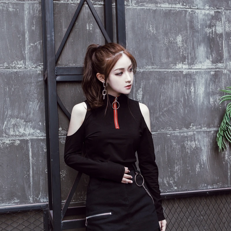 Black Open Shoulder High Collar Long-Sleeved Shirt Women Quarter Zipper Contrast Color Collar Tops Female  Chic Slim Streetwear1