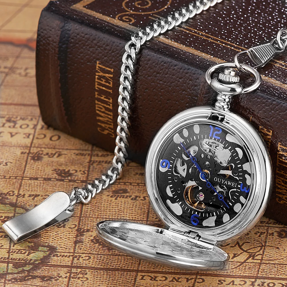Oyw Brand Hand Winding Mechanical Silver Black Pocket Watch Men Vintage Skeleton Dial Necklace Pendant Male Chain Watches Gifts Black Pocket Watch Pocket Watchpocket Watches Brands Aliexpress