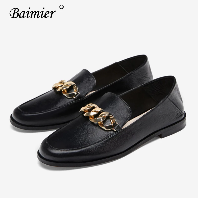 Оксфорды Baimier с золотой цепочкой для женщин черные кожаные женские лоферы