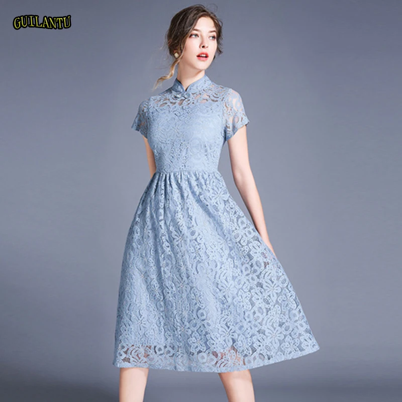 

fashion Lace Hollow Out Stand collar midi women dress casual festival floral high quality long shirt high street dresses summer