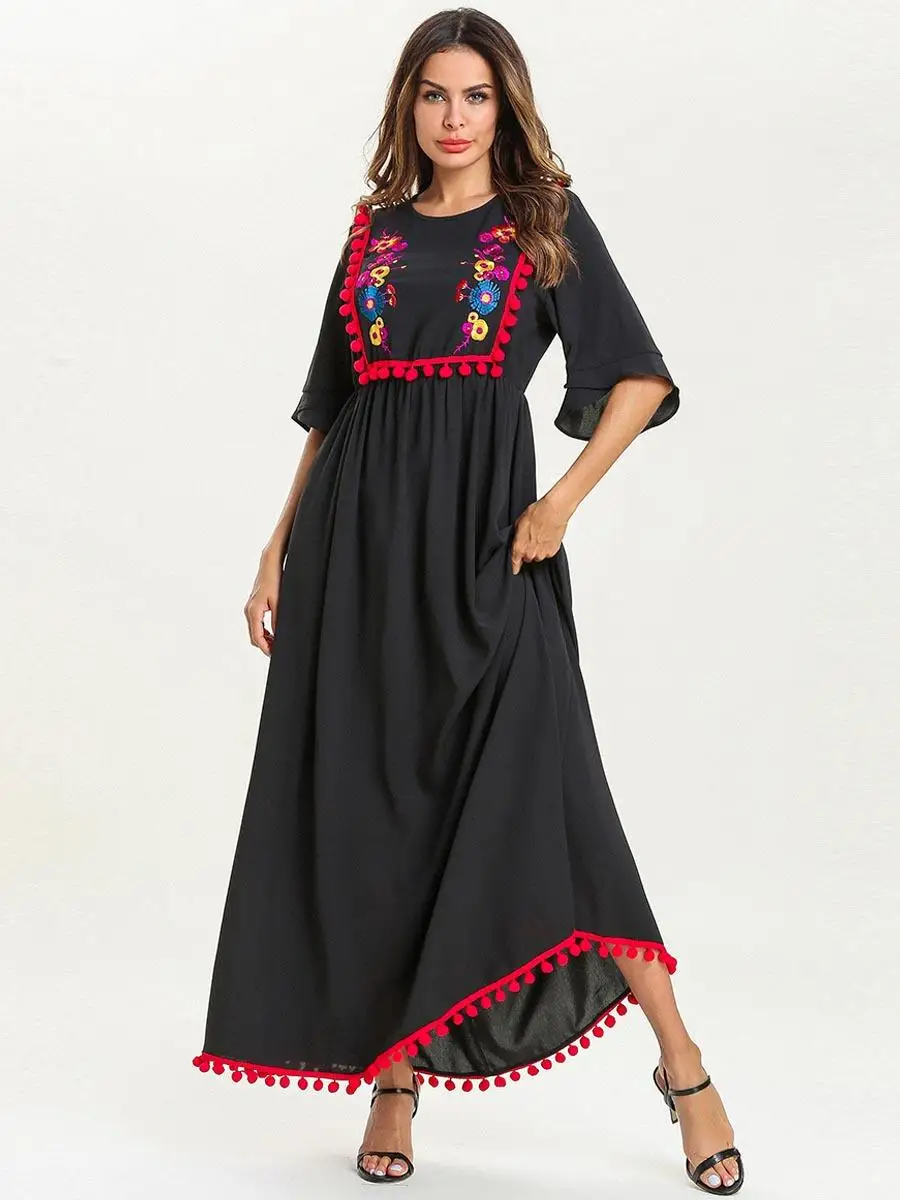 Женское Макси-платье с вышивкой в этническом стиле; платье-Кафтан с кисточками; вечерние платья с помпонами и джилбабом; модное летнее платье с коротким рукавом в стиле Рамадана