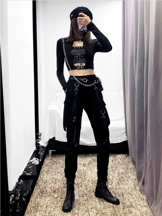Overalls women Cargo Streetwear Casual Pants Women High Waist Black Loose Pants Women Korean Style Ladies Capri Pants