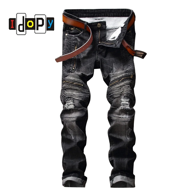 

Fashion Men's Punk Style Biker Jeans Knee Zippers Black Ripped Jeans With Hole Brand Designer Denim Pants Trousers For Men