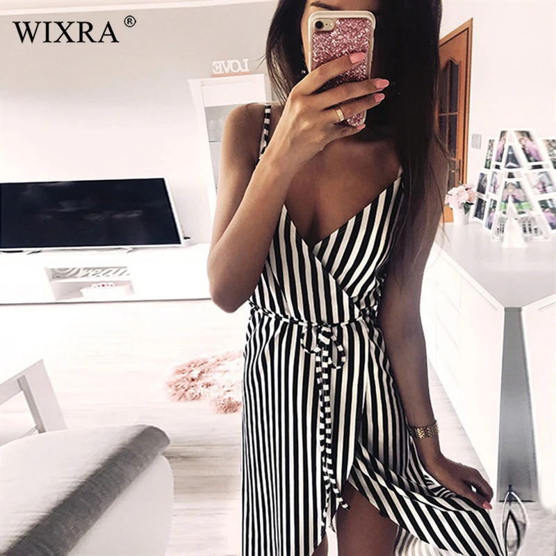 

Wixra 2019 Summer New Hot Striped Mini Dress Women Sexy Strap With Sashes Sleeveless Short Dress Womens Clothing