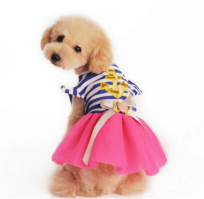 XS size navy dress for small pet dog School Uniform Style Dog stripe