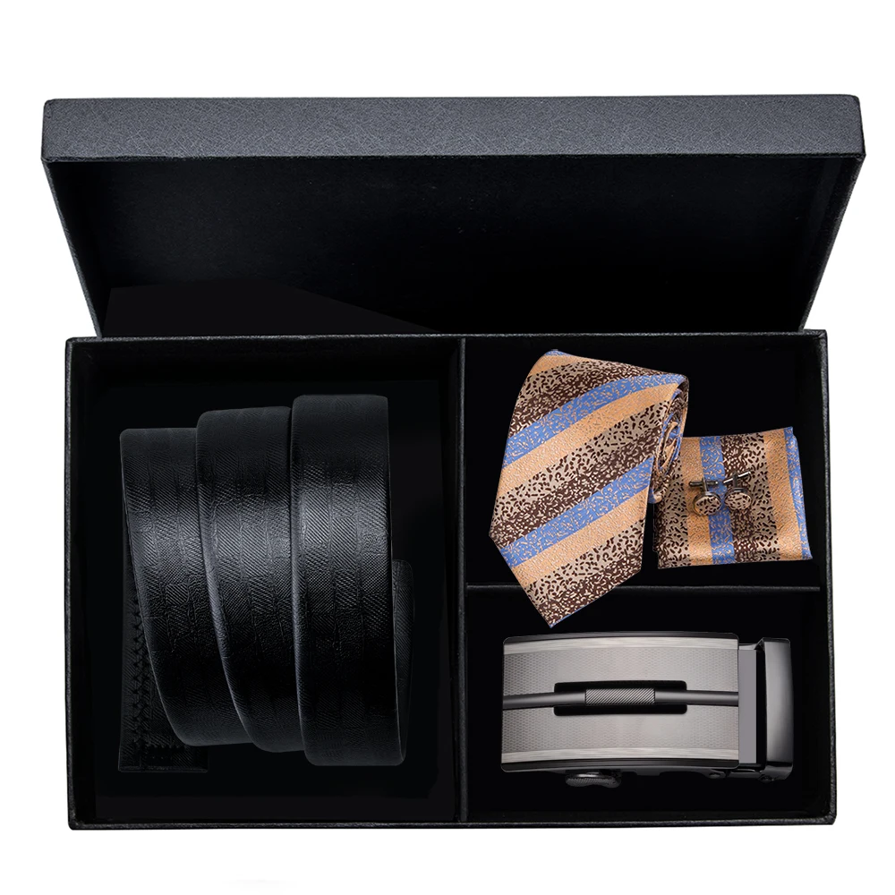 Hi Tie Formal Designer Mens Black Leather Belts with Luxury Silk Ties
