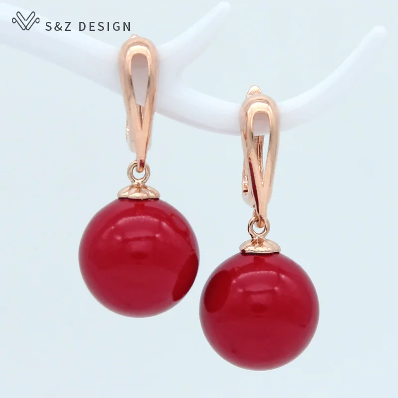 S&Z DESIGN New Trendy Round Imitation Pearl Dangle Earrings Jewelry Sets For Women Wedding 585 Rose Gold Color Pendant Necklace