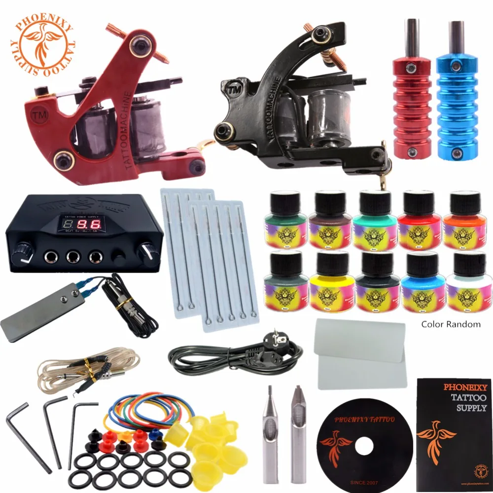 

Complete Tattoo Kit Professional Tattoo 2 Guns Machine Set Power Supply Disposable Needle Pedal Tips 10 Colors Tattoo Ink