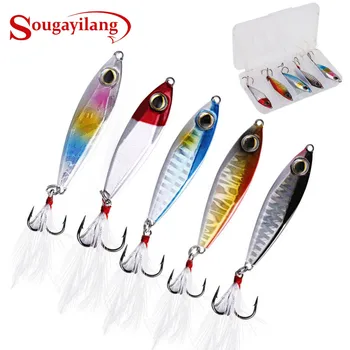 

Sougayilang 5Pcs with Box Metal Jigging Fishing Lures 3D Eyes Lead Hooks Laser Body Artificial Spinner Bait Jigging Spoon Lure