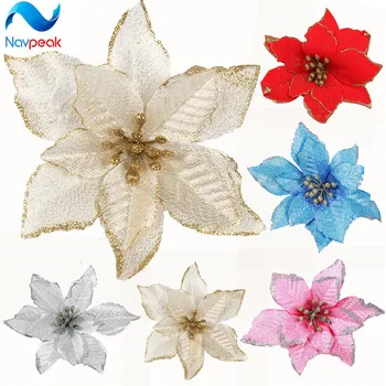 

100pcs/lot Glitter Hollow Wedding Party Decor Christmas Artificial Flower Xmas Tree Ornaments Supplies