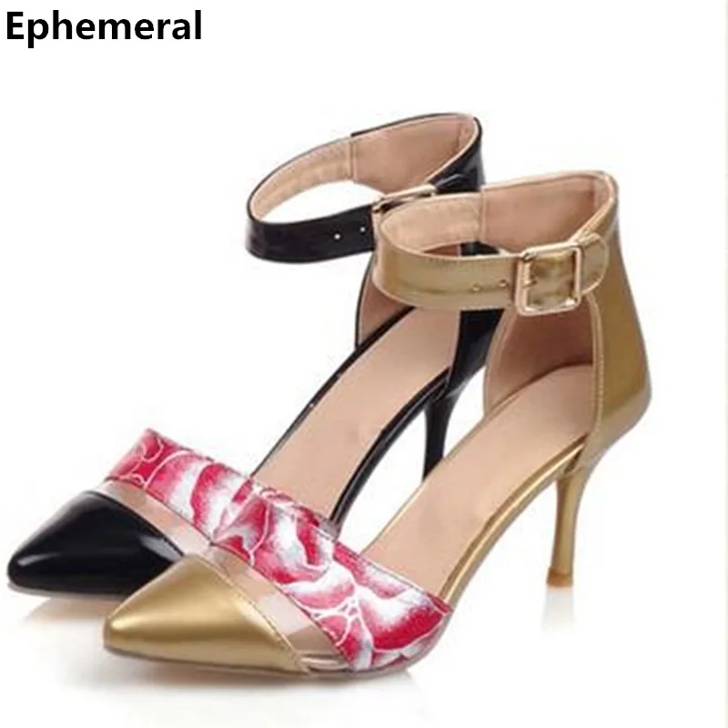 

Lady Patching Flower Sandals Shallow Pointed toe Plus size(4-14)Buckle Strap Thin High Heel shoes Women Pumps Stiletto OL Office
