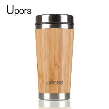 

UPORS 450ml Bamboo Coffee Cup Stainless Steel Coffee Mug with Leak Proof Lid Travel Reusable Wooden Mug Insulated Coffee Tumbler