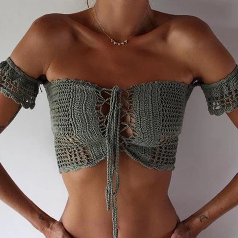 

Sexy Lace Crop Top Off Shoulder Knitted Crochet Brandy Beachwear Bikini Bra Tank