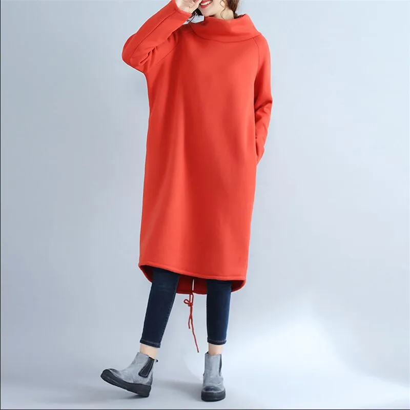 

Plus size Women Wither warm long Hoodies & Sweatshirts,knitted long sleeve turtleneck long velvet sweatshirt dress black gray