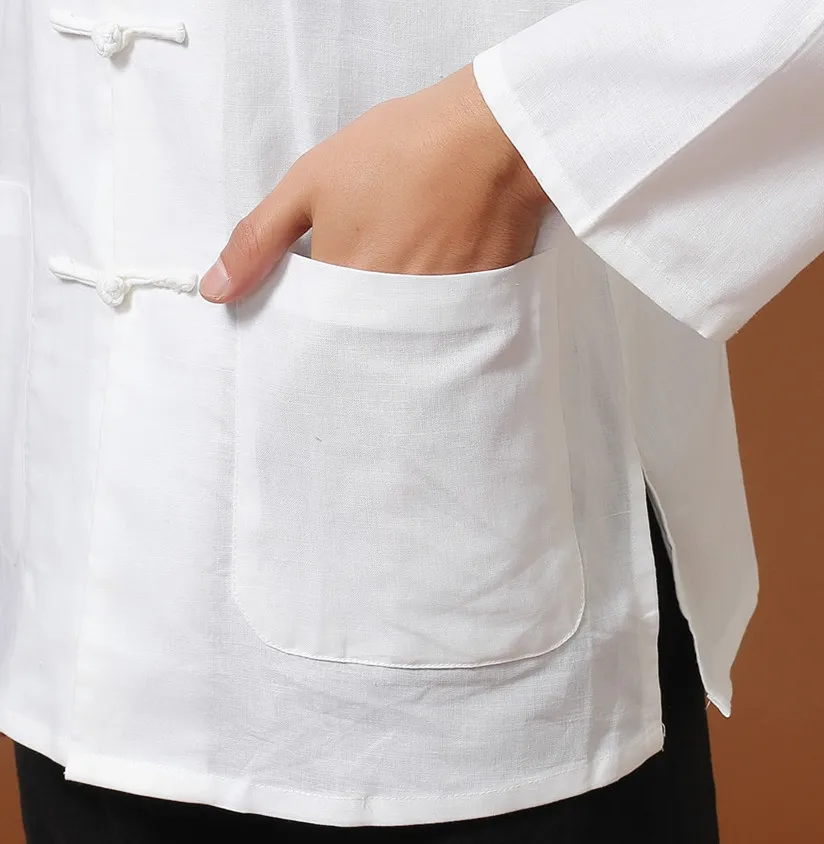 Белый мужское хлопковое белье с длинным рукавом Кунг Фу рубашка Классический китайский Стиль Тан Костюмы Размеры S M L XL XXL XXXL hombre Camisa Mim902