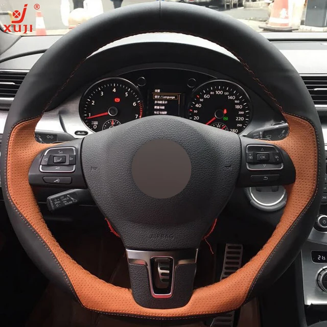Xuji Black Light Brown Leather Car Steering Wheel Cover For Xuji Black Light Brown Leather Car Steering Wheel Cover For Volkswagen Vw Gol Tiguan Pat B7