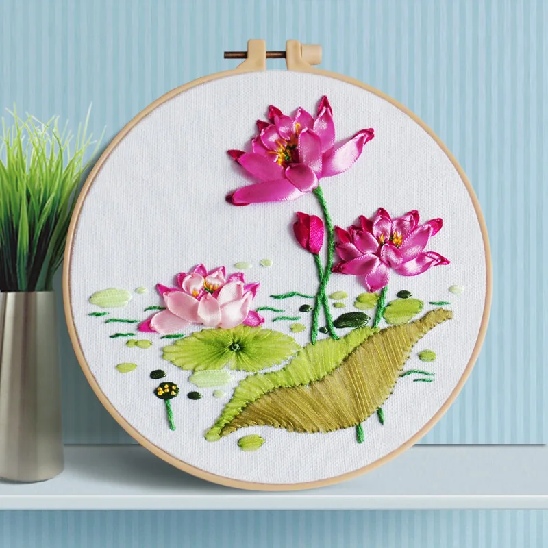 

Louts Flower Ribbon Embroidery kit Cross Stitch Needlework Set for Beginner Handcraft DIY Handmade Sewing Art Wall Home Decor