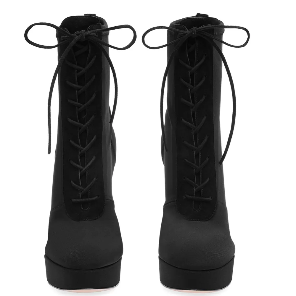Женские ботинки на платформе с круглым носком и массивным каблуком; черные растягивающиеся ботильоны на шнуровке; женская зимняя обувь на высоком каблуке; обувь на платформе;