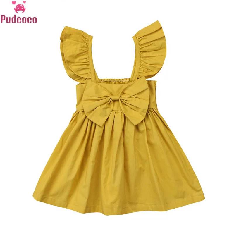 2 цвета, однотонное желто-розовое милое платье с оборками одежда для маленьких девочек летние платья принцессы без рукавов с бантом для новорожденных