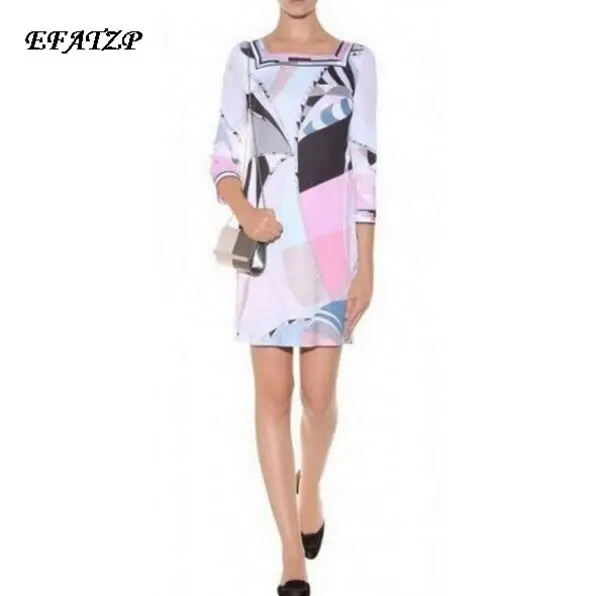 

EFATZP New Designer Luxury Brands Women's Multicolour Geometric Print 3/4 Sleeve Stretch Jersey Silk Dress