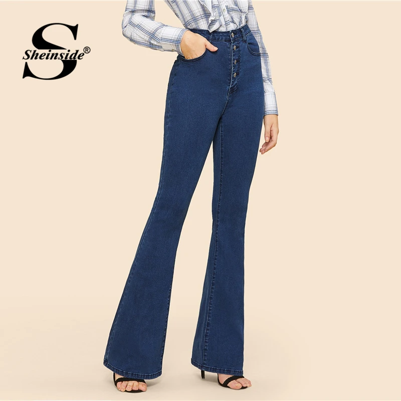 Sheinside Blue Button Up Flare Hem Jeans Woman Long Denim Trousers Vintage Pants Capris 2019 Fall Mid Waist Stretch Women Jeans Sheinside Blue Button Up Flare Hem Jeans Woman Long Denim Trousers Vintage Pants Capris 2019 Fall Mid Waist Stretch Women Jeans