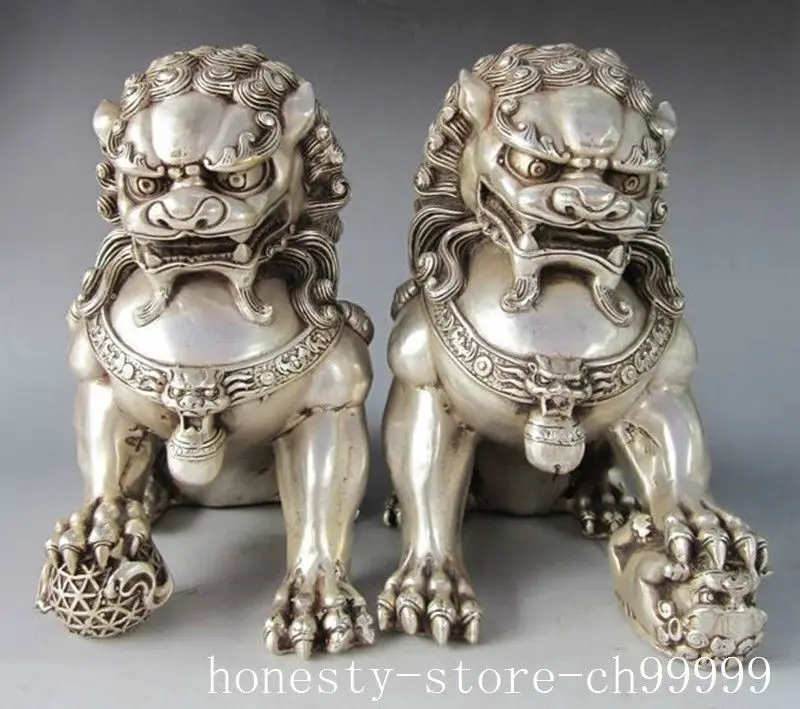 

Crafts statue Chinese fengshui silver Copper animal Evil Guardian Door Fu Foo Dog Lion Pair halloween