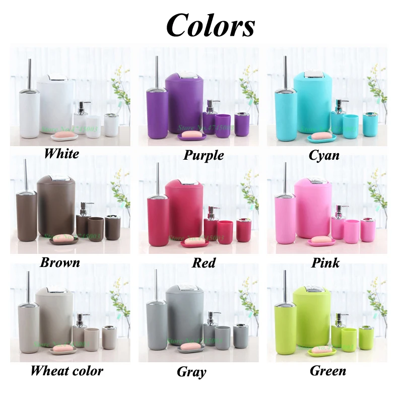 7 цветов, новейшие аксессуары для ванной, 6 в 1 набор, диспенсер для мыла, держатель для туалетной щетки, стакан для зубной щетки, мусорное ведро, стакан для воды