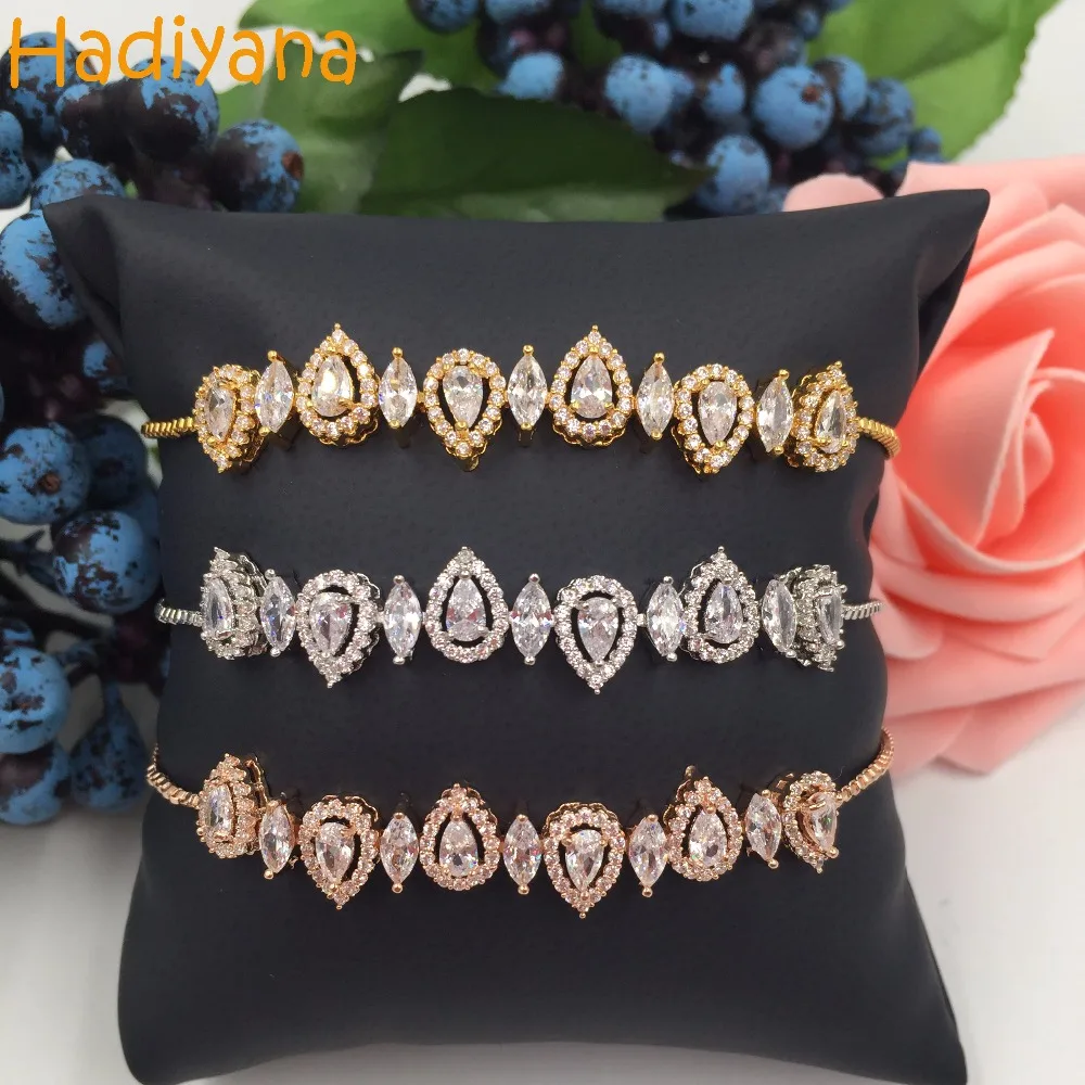 

Hadiyana AAA Baguette Cubic Zirconia Water-Drop 3pcs Color Bracelet Set Monica Adjustable Charm Bracelet For Women Gift SL336